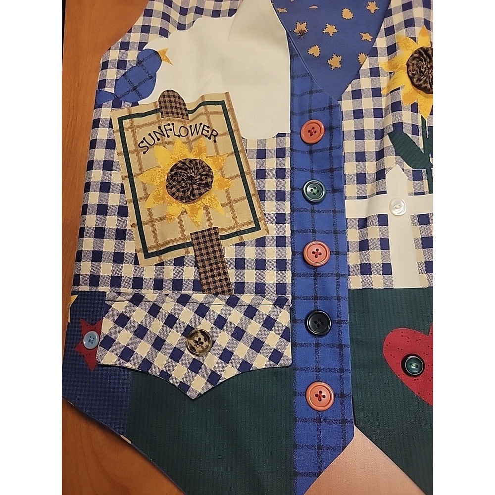 Vintage Cottagecore Patchwork Vest Sunflower Birdhouse Gingham Blue Artisan Sz L - Picture 6 of 12